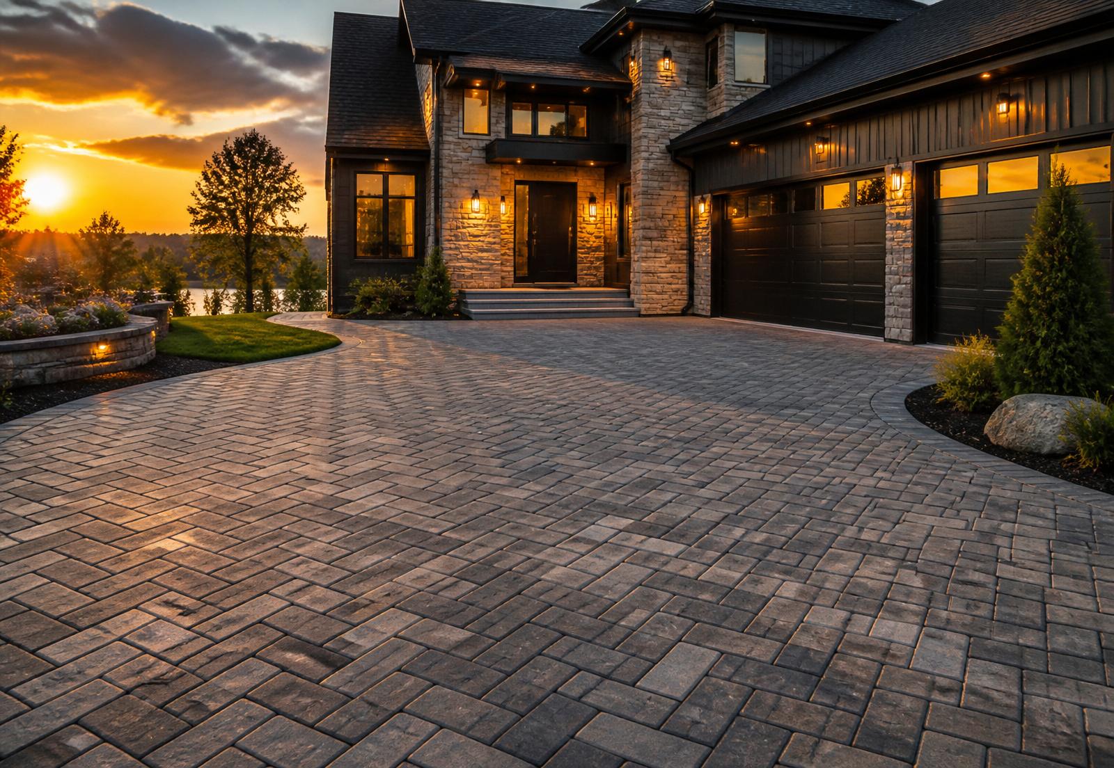 A freshly installed interlocking paver driveway in front of a modern home at golden hour